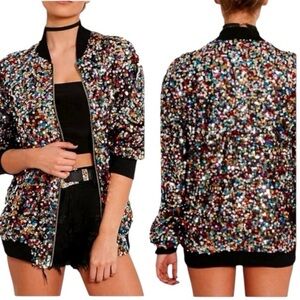 CRESAY Multi Colored Sequined Bomber Jacket Size X-Large Black Holiday Sequin